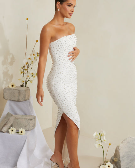 White Hand Embellished Asymmetric Midi Dress