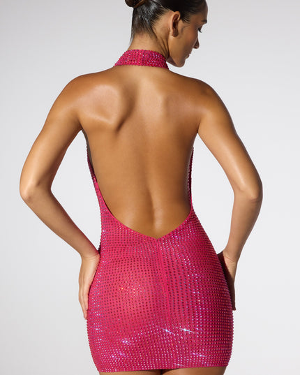 Hot Pink Embellished Extreme Cowl Neck Halter Mini Dress