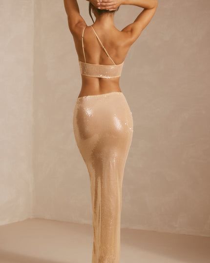 Tan Sheer Sequin One Shoulder Cut Out Maxi Dress