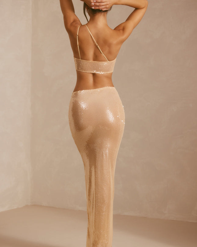 Tan Sheer Sequin One Shoulder Cut Out Maxi Dress