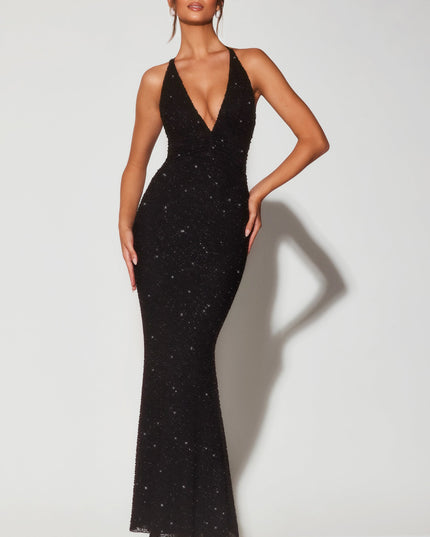 Black Embellished Plunge Halter Neck Evening Gown