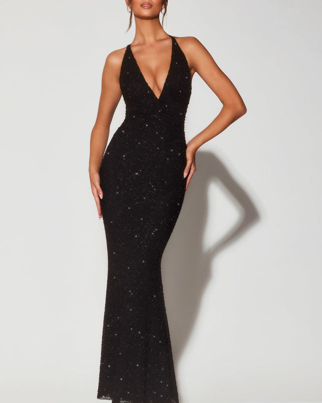Black Embellished Plunge Halter Neck Evening Gown