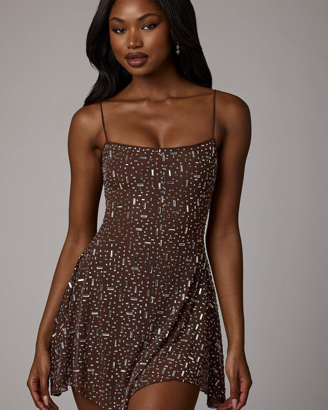 Deep Cocoa Sheer Embellished Scoop Neck Mini Dress