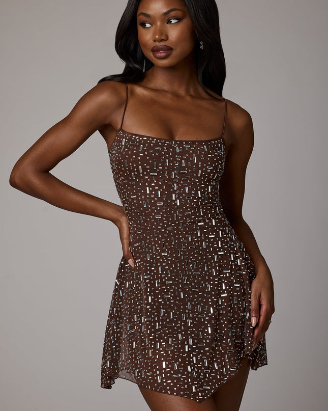 Deep Cocoa Sheer Embellished Scoop Neck Mini Dress