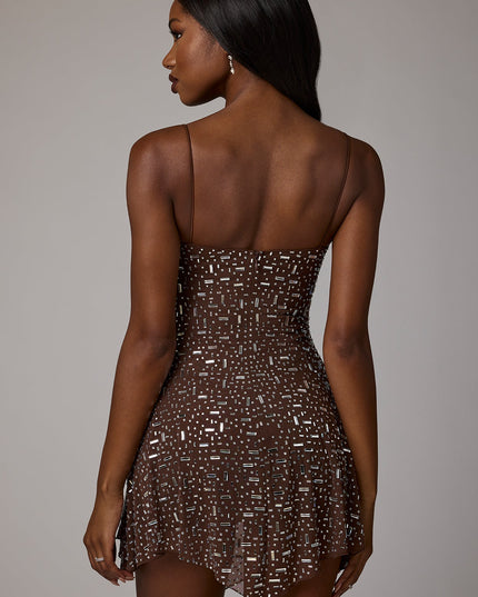 Deep Cocoa Sheer Embellished Scoop Neck Mini Dress