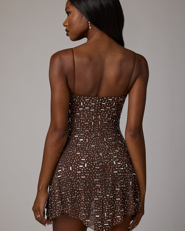 Deep Cocoa Sheer Embellished Scoop Neck Mini Dress