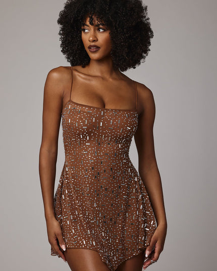 Mocha Sheer Embellished Scoop Neck Mini Dress