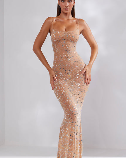 Honey Sheer Embellished Scoop Neck Evening Gown