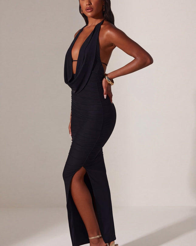 Black Plunge Cowl Neck Floor Length Dress