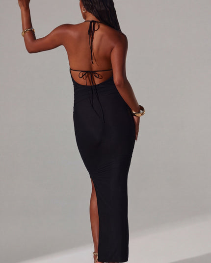 Black Plunge Cowl Neck Floor Length Dress
