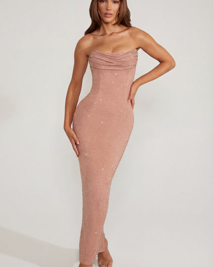 Caramel Embellished Bandeau Cowl Neck Maxi Dress