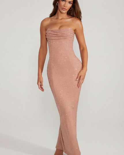 Caramel Embellished Bandeau Cowl Neck Maxi Dress