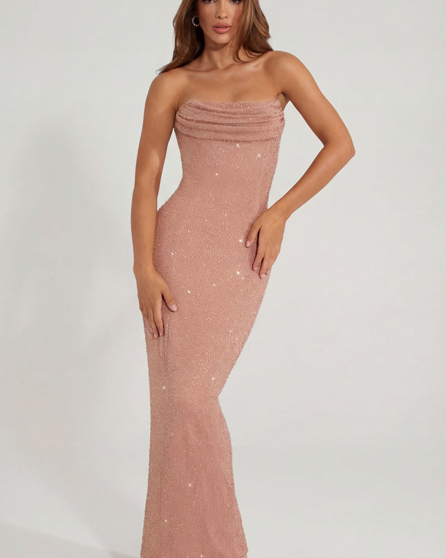 Caramel Embellished Bandeau Cowl Neck Maxi Dress