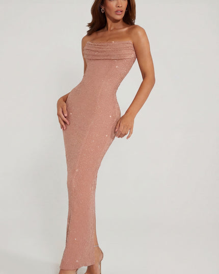 Caramel Embellished Bandeau Cowl Neck Maxi Dress