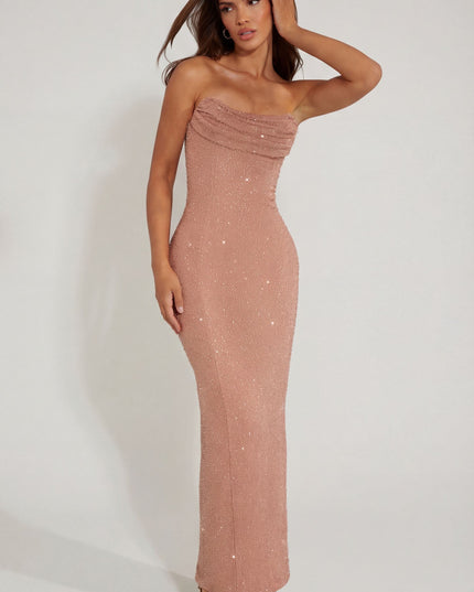 Caramel Embellished Bandeau Cowl Neck Maxi Dress