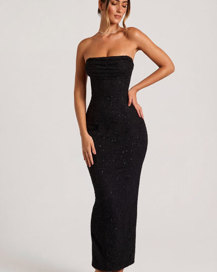 Black Embellished Bandeau Cowl Neck Maxi Dress
