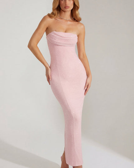 Blush Embellished Bandeau Cowl Neck Maxi Dress