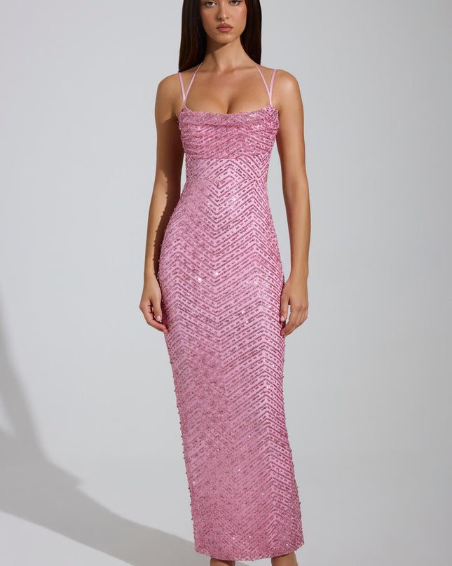 Pink Embellished Cowl-Neck Maxi Dress
