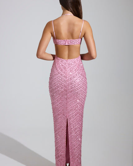 Pink Embellished Cowl-Neck Maxi Dress