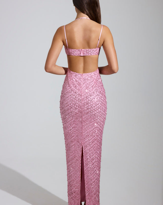 Pink Embellished Cowl-Neck Maxi Dress
