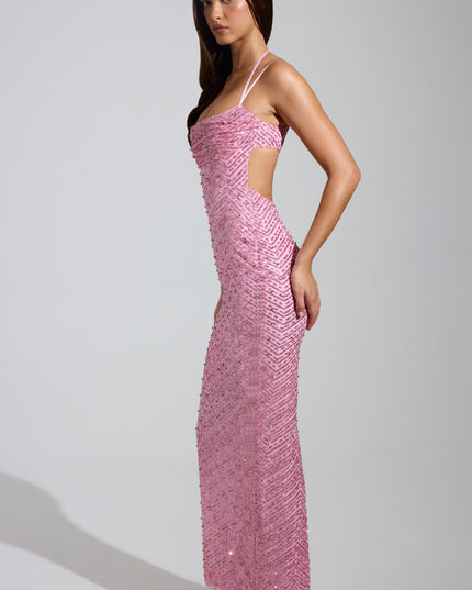 Pink Embellished Cowl-Neck Maxi Dress