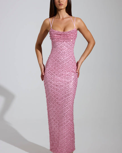 Pink Embellished Cowl-Neck Maxi Dress