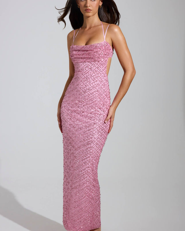 Pink Embellished Cowl-Neck Maxi Dress