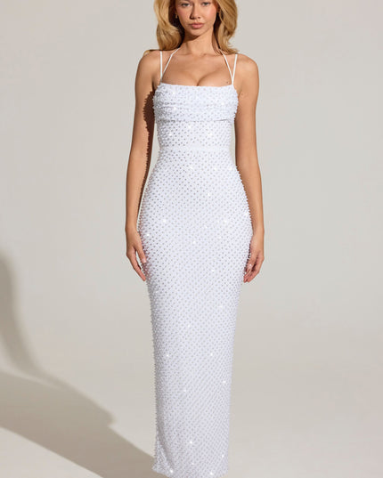 White Embellished Cowl-Neck Maxi Dress