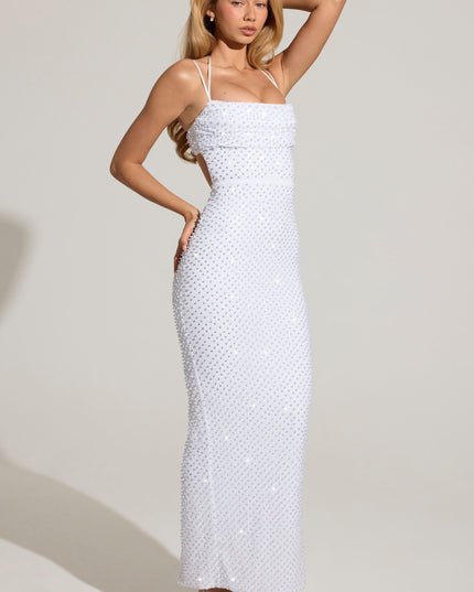 White Embellished Cowl-Neck Maxi Dress