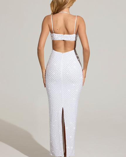 White Embellished Cowl-Neck Maxi Dress