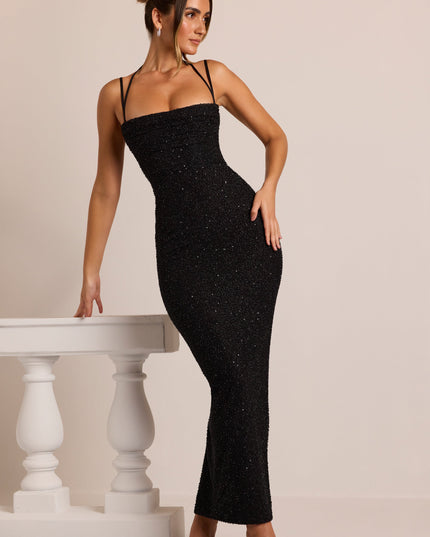 Black Embellished Cowl Neck Maxi Dress