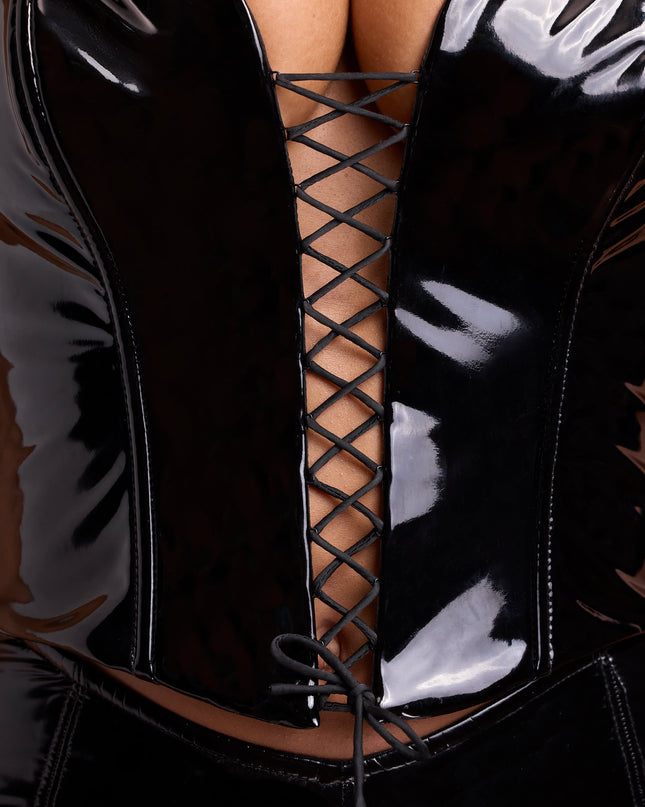Black Vinyl Halter Neck Lace Up Corset Crop Top