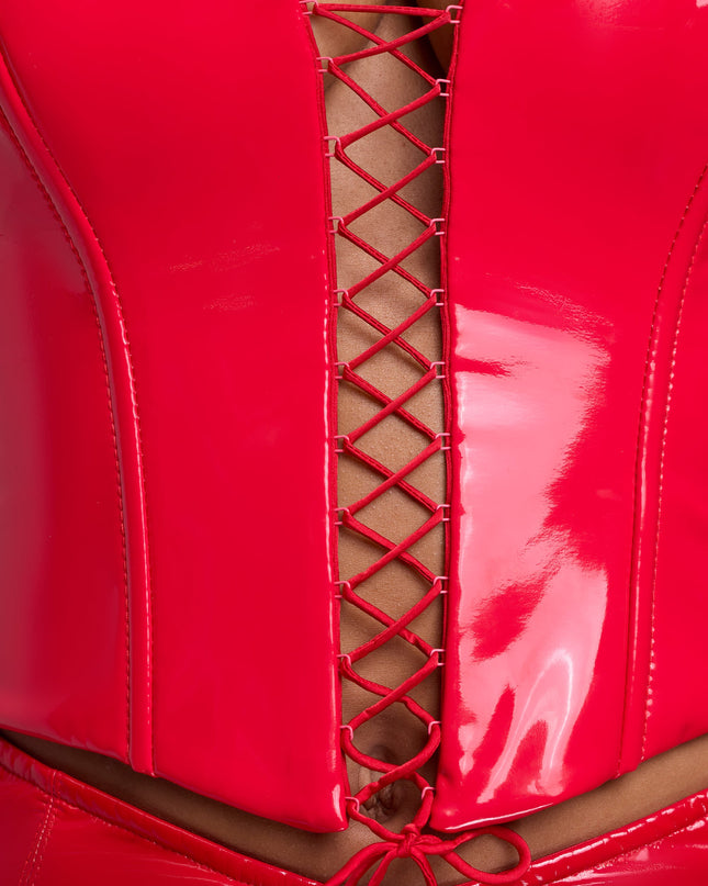 Fire Red Vinyl Halter Neck Lace Up Corset Crop Top
