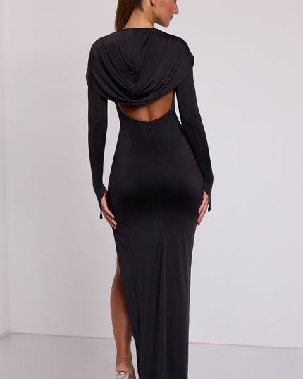 Black Hooded Long Sleeve Maxi Dress