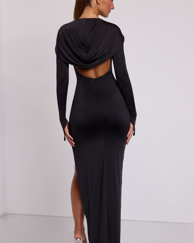 Black Hooded Long Sleeve Maxi Dress