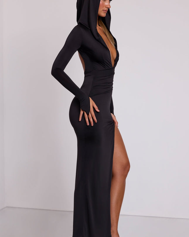 Black Hooded Long Sleeve Maxi Dress