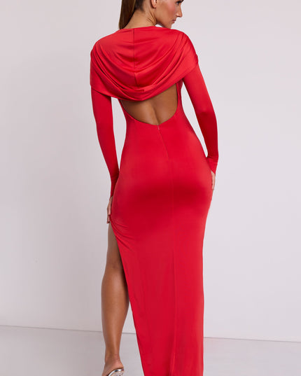 Fire Red Hooded Long Sleeve Maxi Dress
