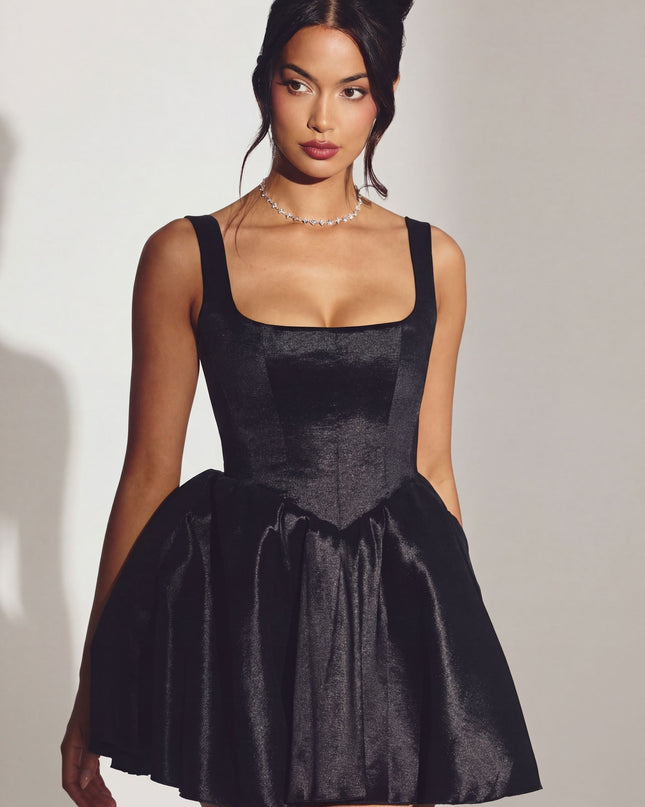 Jet Black Woven Taffeta Corset Mini Dress