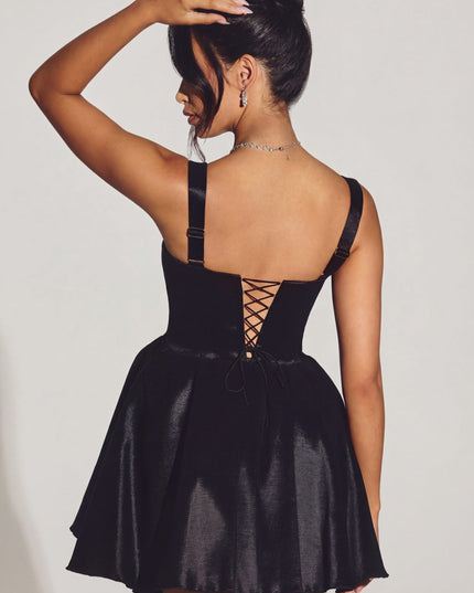 Jet Black Woven Taffeta Corset Mini Dress