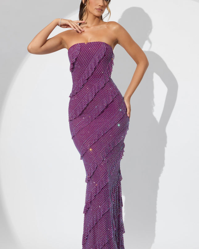 Plum Embellished Bandeau Ruffle Maxi Dress