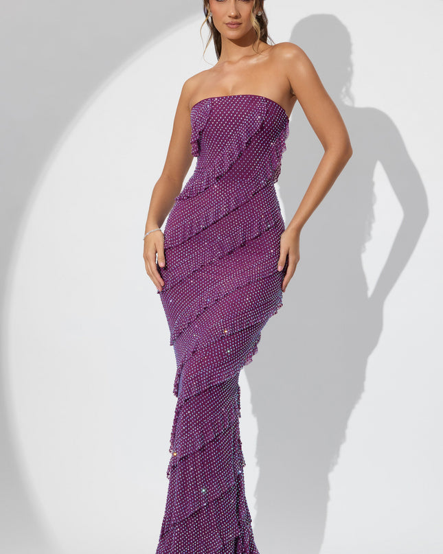 Plum Embellished Bandeau Ruffle Maxi Dress