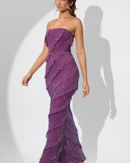 Plum Embellished Bandeau Ruffle Maxi Dress