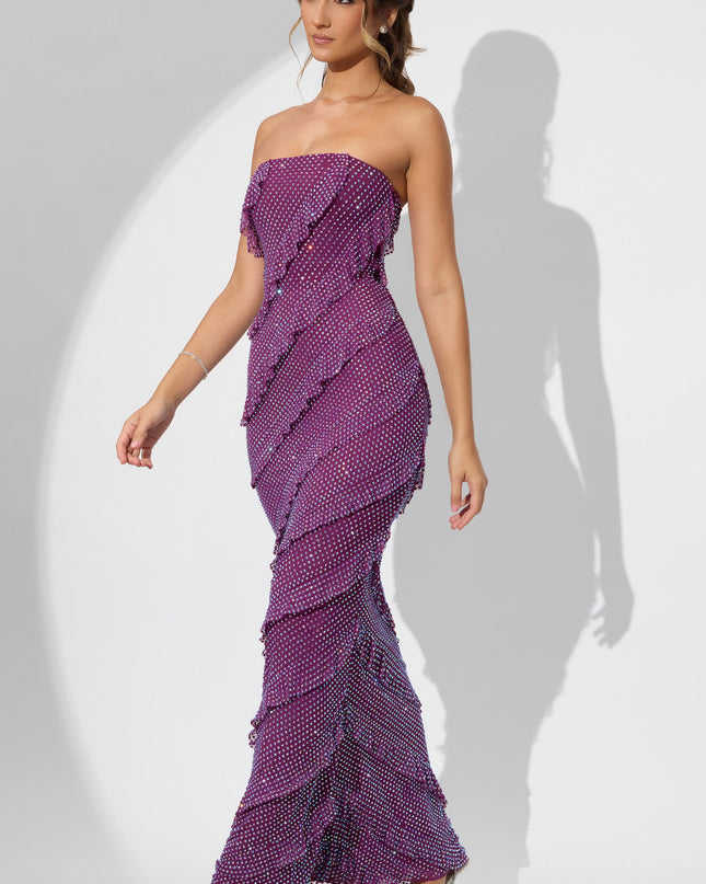Plum Embellished Bandeau Ruffle Maxi Dress