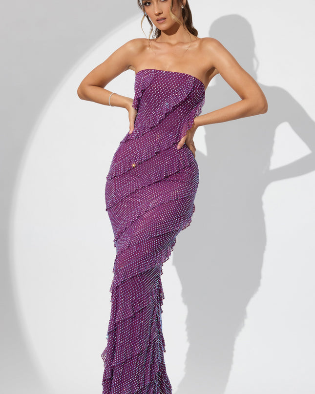 Plum Embellished Bandeau Ruffle Maxi Dress