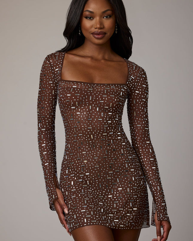 Deep Cocoa Sheer Embellished Long Sleeve A-Line Mini Dress
