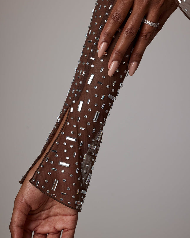 Deep Cocoa Sheer Embellished Long Sleeve A-Line Mini Dress