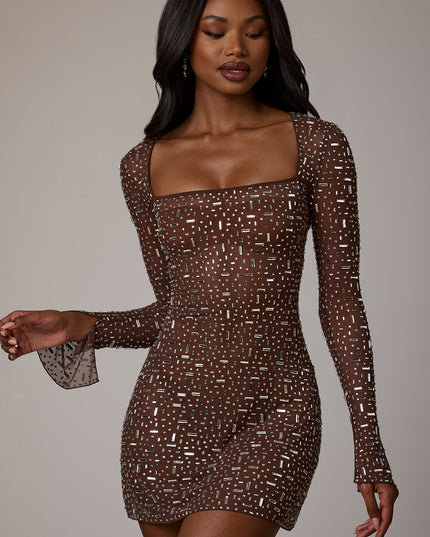 Deep Cocoa Sheer Embellished Long Sleeve A-Line Mini Dress