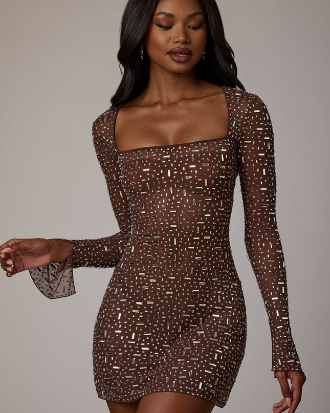 Deep Cocoa Sheer Embellished Long Sleeve A-Line Mini Dress