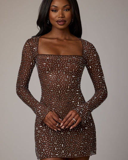 Deep Cocoa Sheer Embellished Long Sleeve A-Line Mini Dress