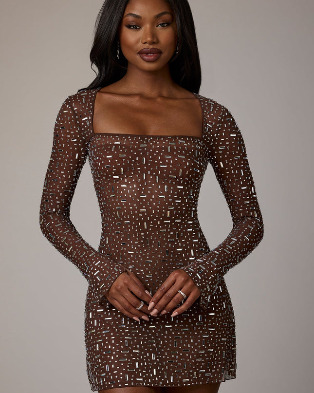 Deep Cocoa Sheer Embellished Long Sleeve A-Line Mini Dress